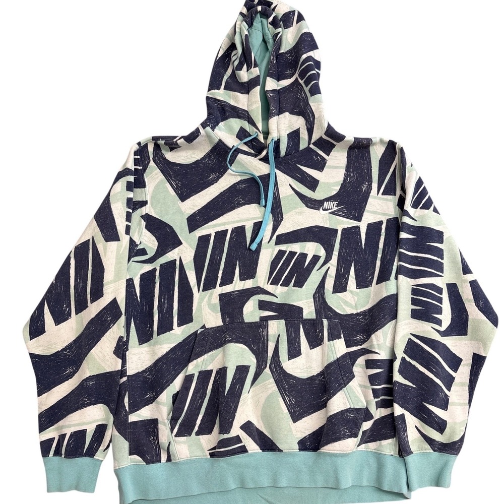 Nike Sportswear Club Fleece Hoodie XL Teal Navy All Over Print DB4607-464 Mens